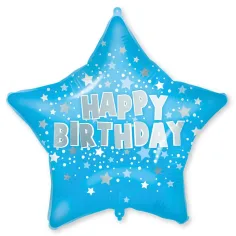 Globo de foil de cumpleaños – Con estrellas azules y el texto "Happy Birthday" de 46cm