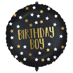 Globo de foil de cumpleaños – con la inscripción "Birthday Boy", negro-dorado con estrellas de 46 cm