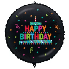 Globo de foil de cumpleaños – con la inscripción "Happy Birthday", con confeti de pastel, fondo negro 46cm