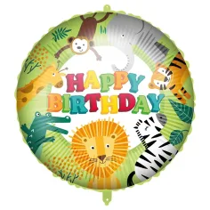 Globo de foil de cumpleaños – con la inscripción "Happy Birthday", con diseño de animales de la jungla 46cm