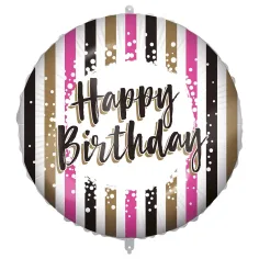 Globo de foil de cumpleaños – con la inscripción "Happy Birthday", diseño a rayas en dorado-negro-rosa 46cm