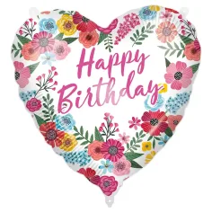 Globo de foil de cumpleaños – con la inscripción "Happy Birthday", en forma de corazón, con diseño floral de 46 cm