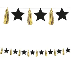 Guirnalda de fiesta con estrellas negras y borlas doradas