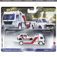Hot Wheels: Aero Lift camión transportador de coches premium y 73 Honda Civic Custom coche en miniatura 1/64 - Mattel