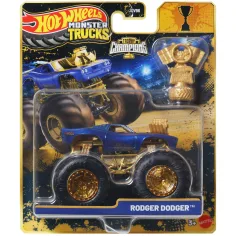 Hot Wheels Monster Trucks: Rodger Dodger campeón monster coche pequeño con trofeo 1/64 - Mattel