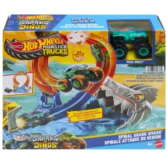 Hot Wheels Monster Trucks: Spiral Shark Smash pista con Mega-Wrex coche de juguete – Mattel