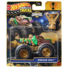 Hot Wheels Monster Trucks: Wreckin Wolf campeón monster coche con trofeo 1/64 - Mattel