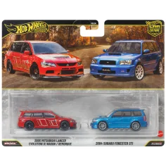 Hot Wheels: Paquete de 2 coches 2005 Mitsubishi Lancer Evolution IX Wagon y 2004 Subaru Forester STI 1/64 - Mattel