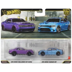 Hot Wheels: Paquete de 2 coches pequeños 2018 Dodge Challenger SRT Demon y 2015 Dodge Charger SRT 1/64 - Mattel
