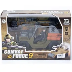 Jeep militar con armas y soldado