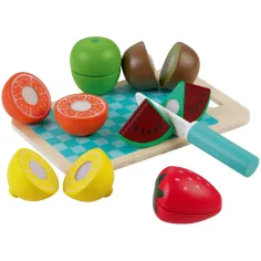 Juego de frutas de madera para cortar con tabla de cortar y cuchillo