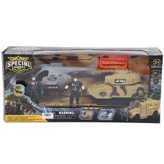 Juego de helicóptero militar y tanque con soldados