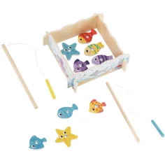 Juego de pesca magnético de madera con peces y 2 cañas de pescar
