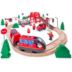 Juego de tren de madera con camión de bomberos y tren a pilas - Woodyland