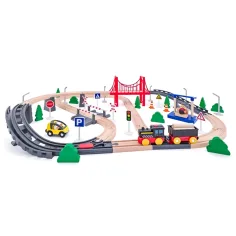 Juego de tren de madera con puente ferroviario y locomotora a pilas - Woodyland