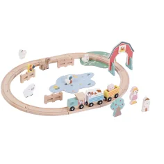 Juego de vías de tren de madera con figuras de animales y accesorios