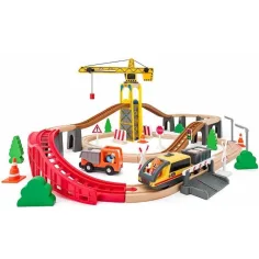 Juego de vías de tren de madera con grúa - Woodyland