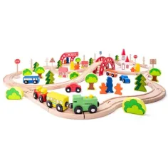 Juego de vías de tren de madera con puente y parada - Woodyland