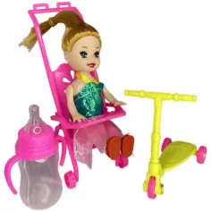 Katie: Muñeca Sandra con cochecito rosa, patinete y biberón de 10cm