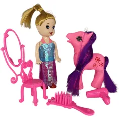 Katie: Muñeca Sandra con poni rosa y accesorios de peluquería 10cm