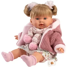 imagen de Llorens: Alexandra muñeca llorona de 42 cm con chupete en abrigo de punto rosa y falda con flores 2