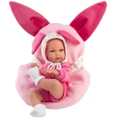 Llorens: Bimba muñeca recién nacida con portabebés de conejito rosa 35cm
