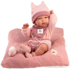 Llorens: Nica muñeca recién nacida niña con ropa rosa y almohada 38cm