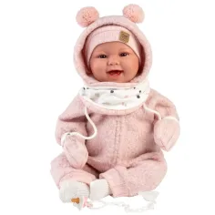 Llorens: Tala Sonrisas 44cm-bebé recién nacido con sonido en mono rosa