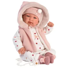 Llorens: Tina muñeca llorona de 44cm con chaleco rosa con capucha