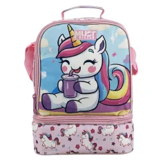 Luna: Bolsa de almuerzo térmica de 2 compartimentos con diseño de unicornio 22x16x28 cm