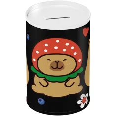 Luna: Hucha metálica en forma de cilindro con estampado de capibara 10x15 cm