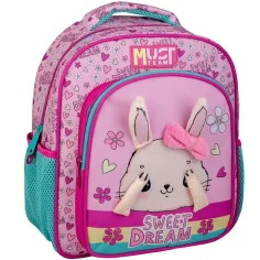 Luna: Mochila de jardín de infantes con conejitos de Must Team, redondeada, 2 compartimentos 27x10x31cm