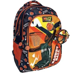 Luna: Mochila escolar naranja con estampado de baloncesto de Must Team - azul redondeada 3 compartimentos 32x18x43cm