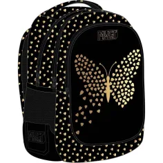 Luna: Mochila escolar negra con mariposas, mochila de 3 compartimentos 32x18x43cm