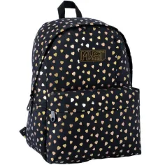 Luna: Mochila escolar negra y dorada con corazones, mochila de 1 compartimento 32x17x42cm