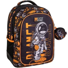 Luna: Must Team Astronauta negro-naranja redondeado mochila escolar de 3 compartimentos, mochila 32x18x43cm