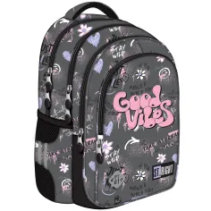 Mochila escolar gris con la inscripción St.Right Good Vibes, mochila BP58 40x28x18cm