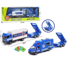 Modelo de coche de policía de metal con remolque y tarjetas de vehículos de 30cm en tres versiones