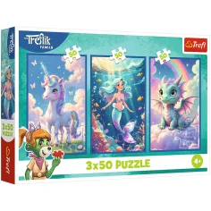 Mundo de cuentos colorido – puzzle de 3 x 50 piezas con unicornio, sirena y dragón – Trefl
