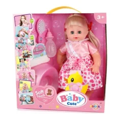 Muñeca con pelo en vestido rosa con accesorios de 35 cm
