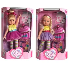 Muñeca de cabello rubio con ropa colorida, con set de maquillaje en dos versiones