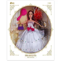 Muñeca de moda con peluca y accesorios en vestido blanco de 30cm