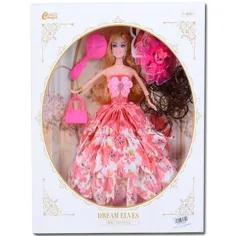 Muñeca de moda con peluca y accesorios en vestido rosa de 30cm