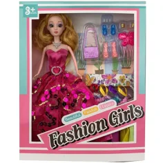 Muñeca de moda con vestido de lentejuelas rosas y accesorios 28cm