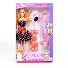 Muñeca de moda con vestido de lunares y accesorios 29cm