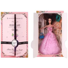Muñeca de moda elegante con accesorios en vestido rosa de 30cm