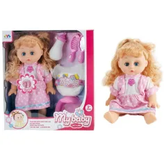 Muñeca meona de cabello castaño claro con sonido, orinal y accesorios