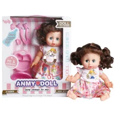 Muñeca meona de cabello castaño con sonido y accesorios