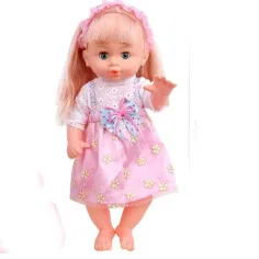 Muñeca rubia con cochecito, biberón y vajilla