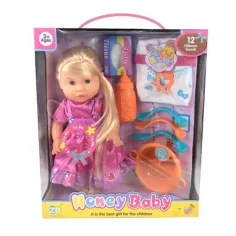 Muñeca rubia con juego de comedor, accesorios y sonido